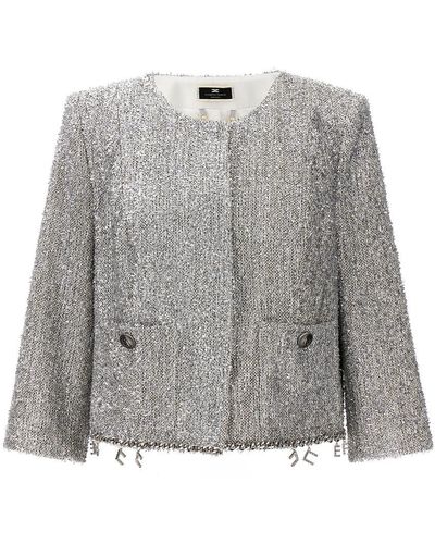 Elisabetta Franchi Lurex Tweed Crop Jacket - Gray