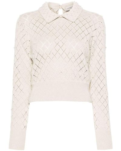 Golden Goose Perforated Cotton Sweater With Pearls - Natural