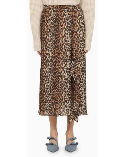 Ganni Leopard Print Midi Skirt With Ruffles - Brown