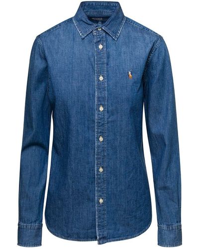 Polo Ralph Lauren E Long Sleeve Shirt With Logo Embroidery In Cotton Denim Woman - Blue