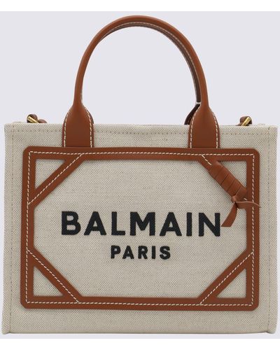 Balmain Beige Canvas And Brown Leather Handle Bag