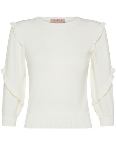 Twin Set Viscose Jumper With Ruffled Crew Neck - White