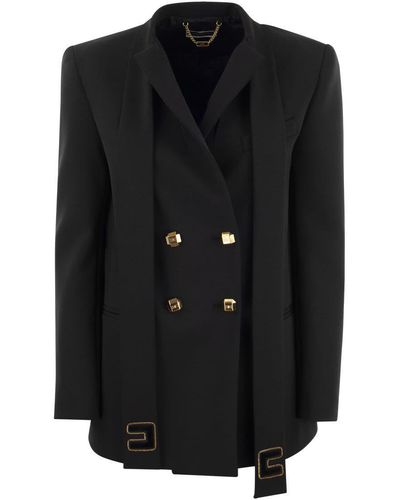 Elisabetta Franchi Double-breasted Crêpe Jacket With Scarf - Black