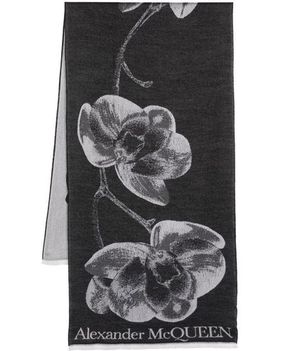 Alexander McQueen Orchid Jacquard Wool-silk Scarf - Grey