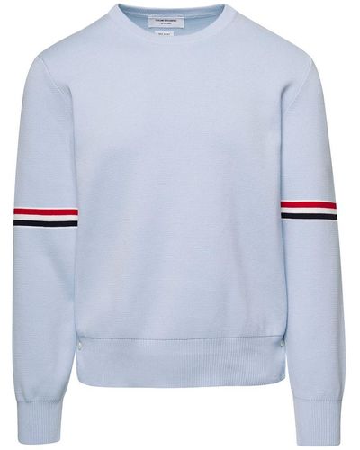 Thom Browne Light E Crewneck Sweater With Tricolor Band Detail On Sleeves In Cotton Man - Blue