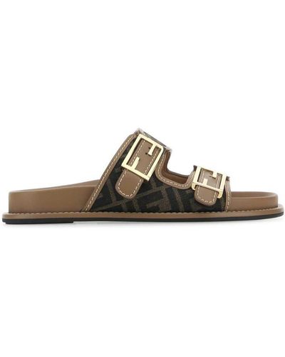 Fendi Ff Jacquard Dual Buckle Slide Sandals - Brown