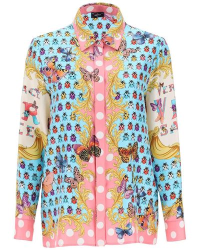 Versace Shirt In Printed Silk - Blue