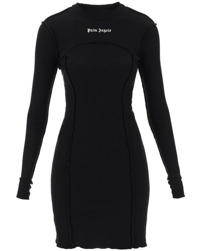 Palm Angels Long-sleeved Mini Dress In Ribbed Jersey - Black