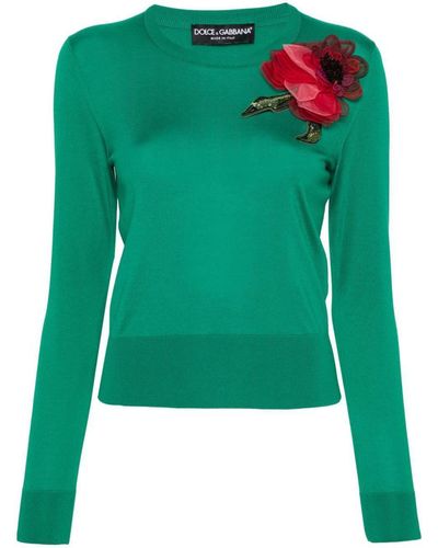 Dolce & Gabbana Floral-appliqué Silk Sweater - Green