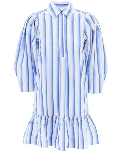 Ganni Striped Dress With Ruffles - Blue