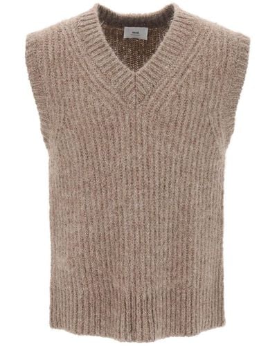 Ami Paris Ribbed Alpaca Sweater Vest - Brown