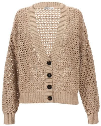 Brunello Cucinelli Sequin Knit Cardigan Sweater, Cardigans - Natural