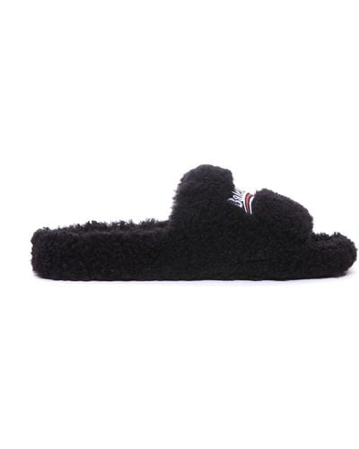 Balenciaga Furry Logo-appliqué Slides - Black