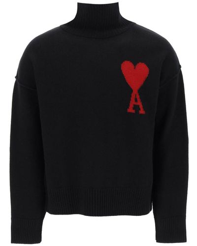 Ami Paris Ami De Coeur Wool Turtleneck Sweater - Black