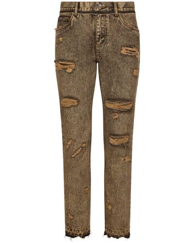 Dolce & Gabbana Ripped Denim Cotton Jeans - Natural