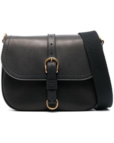 Golden Goose Sally Bag Medium Smooth Calfskin Leather Fabric Shoulder Strap Bags - Black