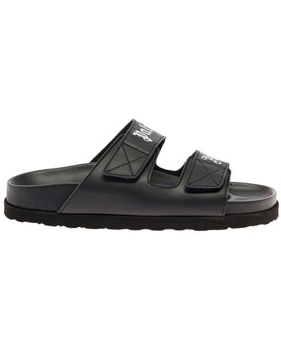Palm Angels Black Leather Sandals With Palm Logo Print Angels Woman