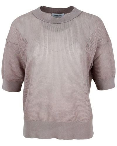 Fabiana Filippi Short-sleeved Round-neck Cotton Blend Sweater With Openwork And Monili On The Neck - Grey