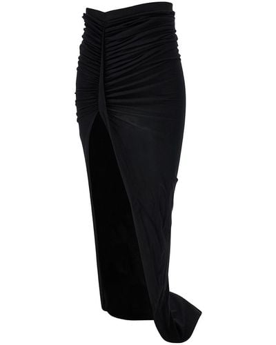 Rick Owens Maxi Black Skirt With Gatherings And Deep Split In Cotton Woman