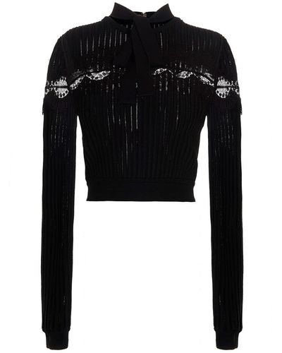 Elie Saab Bow Lace Sweater Top - Black