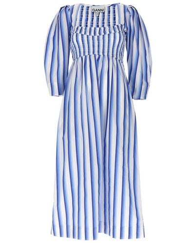 Ganni Stripe Smock Stitch Dress - Blue