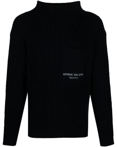 Stone Island Virgin Wool Ribbed-knit Jumper - Black