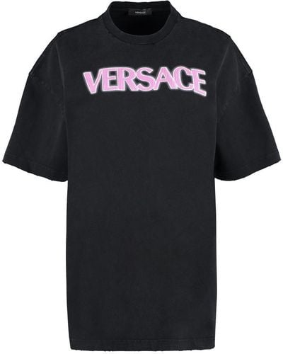 Versace Distressed T-shirt With Neon Logo - Black