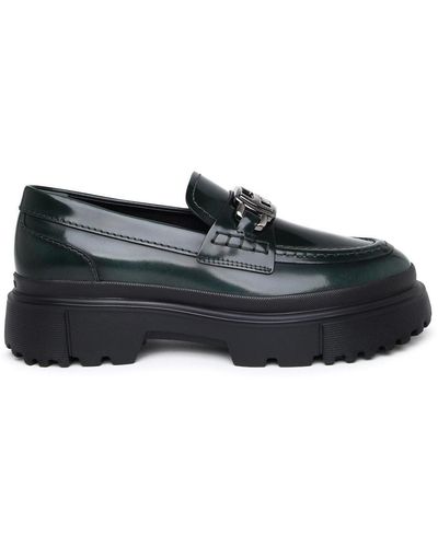 Hogan H629 Green Leather Loafers - Black