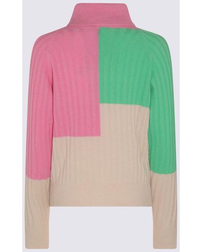 Essentiel Antwerp Beige, Green And Neon Pink Merino Wool And Cashmere Blend Rib Knit Jumper