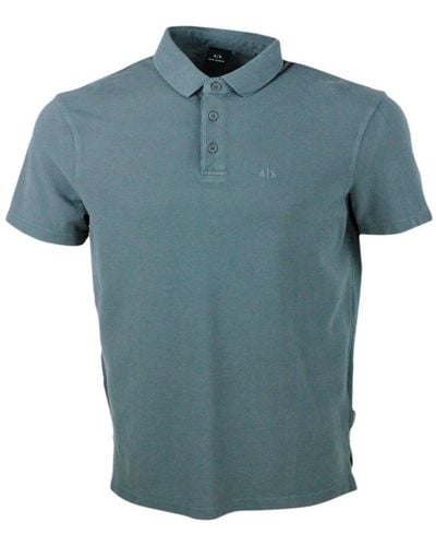 Armani Exchange 3-Button Short-Sleeved Pique Cotton Polo Shirt With Logo Embroidered On The Chest - Blue