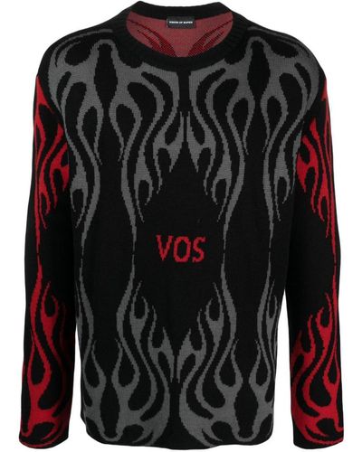 Vision Of Super Black Sweater With Red And Gray Jacquard Logo And Flames Clothing