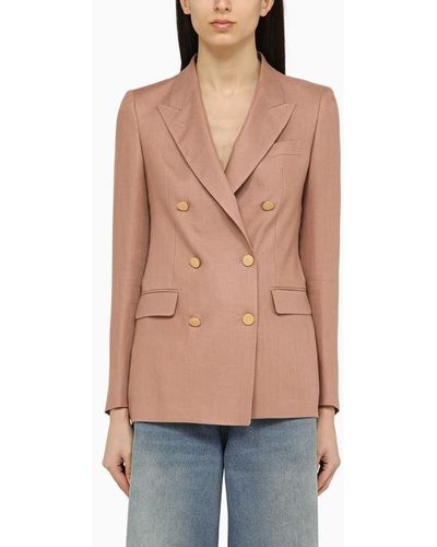 Tagliatore Brown Linen Double Breasted Jacket - Natural