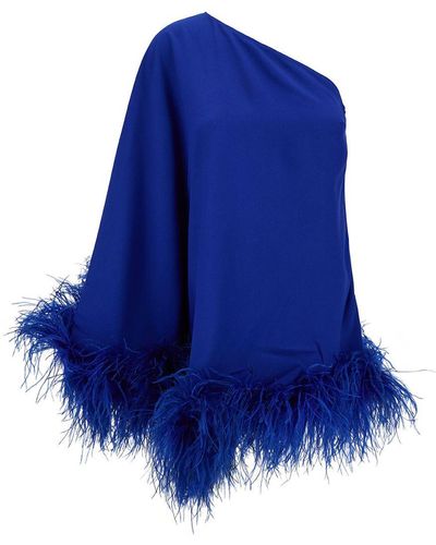 ‎Taller Marmo Piccolo Ubud One-Shoulder Feather-Trimmed Crepe Mini Dress - Blue
