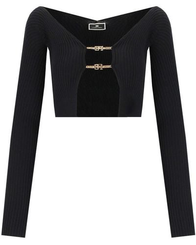 Elisabetta Franchi Black Cropped Cardigan With Logo Detail