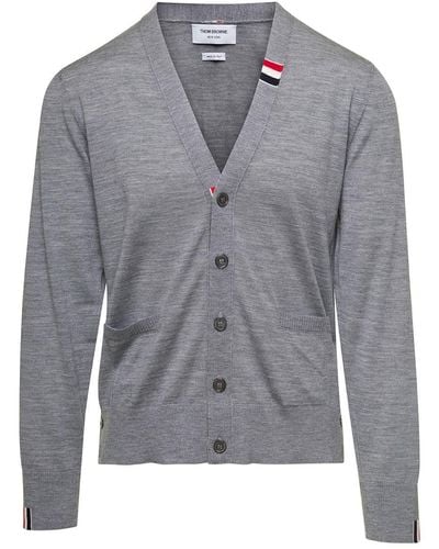 Thom Browne Jersey Stitch Relaxed Fit V Neck Cardigan - Grey