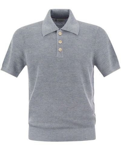 Brunello Cucinelli Linen And Cotton Half-rib Knit Polo Shirt With Contrasting Detailing - Grey