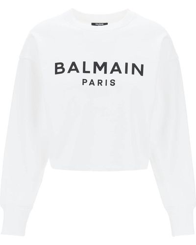 Balmain Logo Organic Cotton Cropped Sweatshirt - White