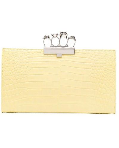 Alexander McQueen Pale Yellow Four-ring Skull Flat Clutch With Crocodile Effect - Natural