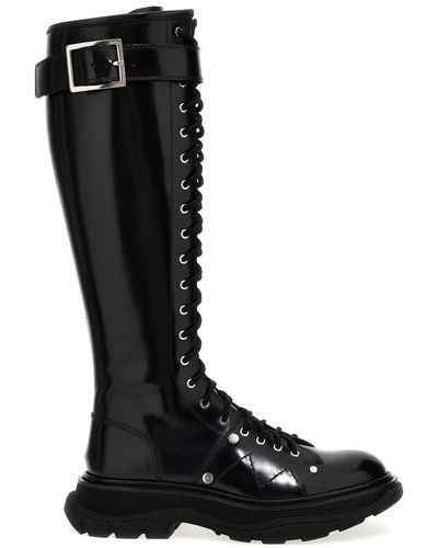 Alexander McQueen Women Tread High Knee Lace Up Boots - Black