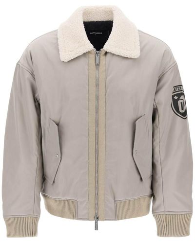 DSquared² Padded Bomber Jacket With Collar In Lamb Fur - Grey