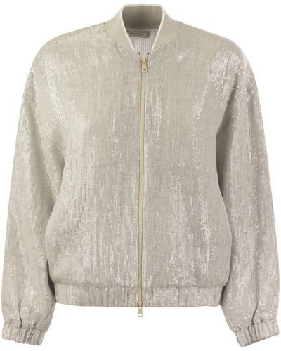 Brunello Cucinelli Dazzling Linen Gauze Bomber Jacket - White