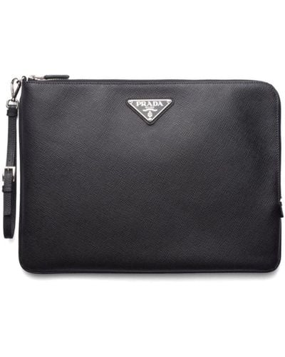 Prada Triangle-Logo Leather Clutch Bag - Black