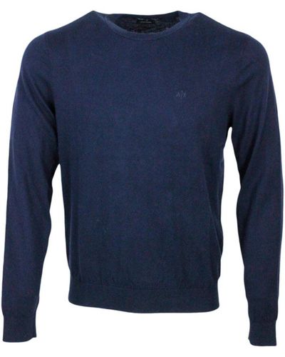 Armani Long-sleeved Crewneck Sweater In Cotton And Cashmere With Contrasting Colour Profiles - Blue