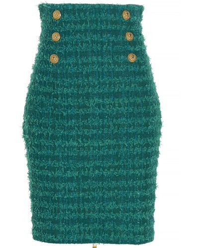 Balmain Logo Button Tweed Skirt - Green