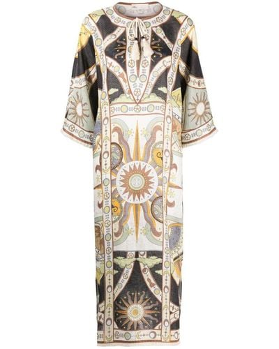 Tory Burch Multicolor Kaftan With All-over Graphic Print In Linen Woman - Green
