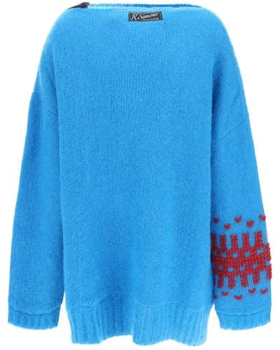 Raf Simons Maxi Sweater With Jacquard Sleeve - Blue