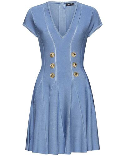 Balmain Buttoned Knit Skater Mini Dress - Blue