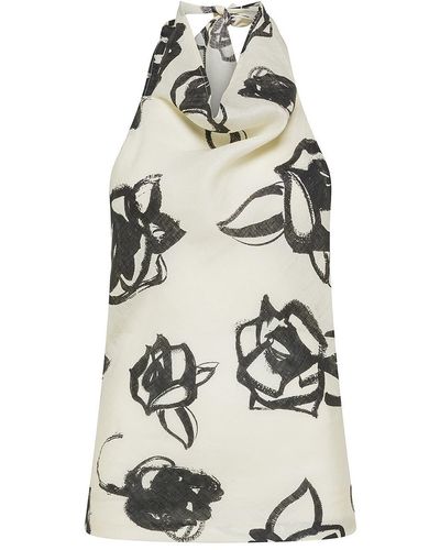 MSGM Linen Blouse With Graphic Rose Print - Natural