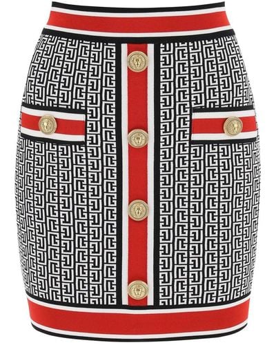 Balmain Mini Skirt In Monogram Knit - Red