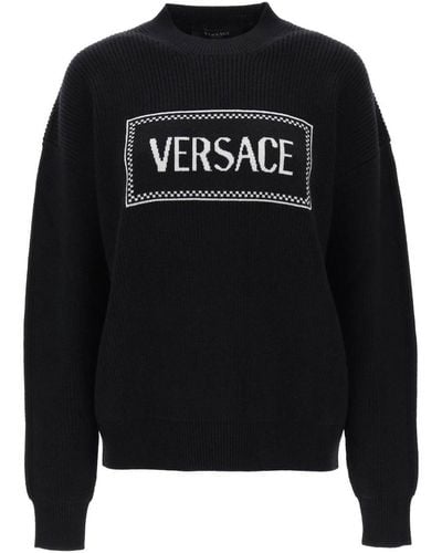 Versace Crew-neck Sweater With Logo Inlay - Black